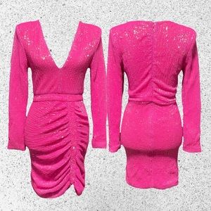 Lavish Alice Hot Pink Sequin Ruched V-Neck Mini Dress
